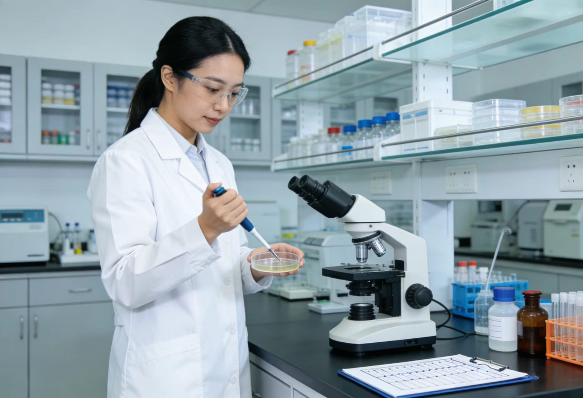 Chinese research scientist working with sample vials in professional laboratory